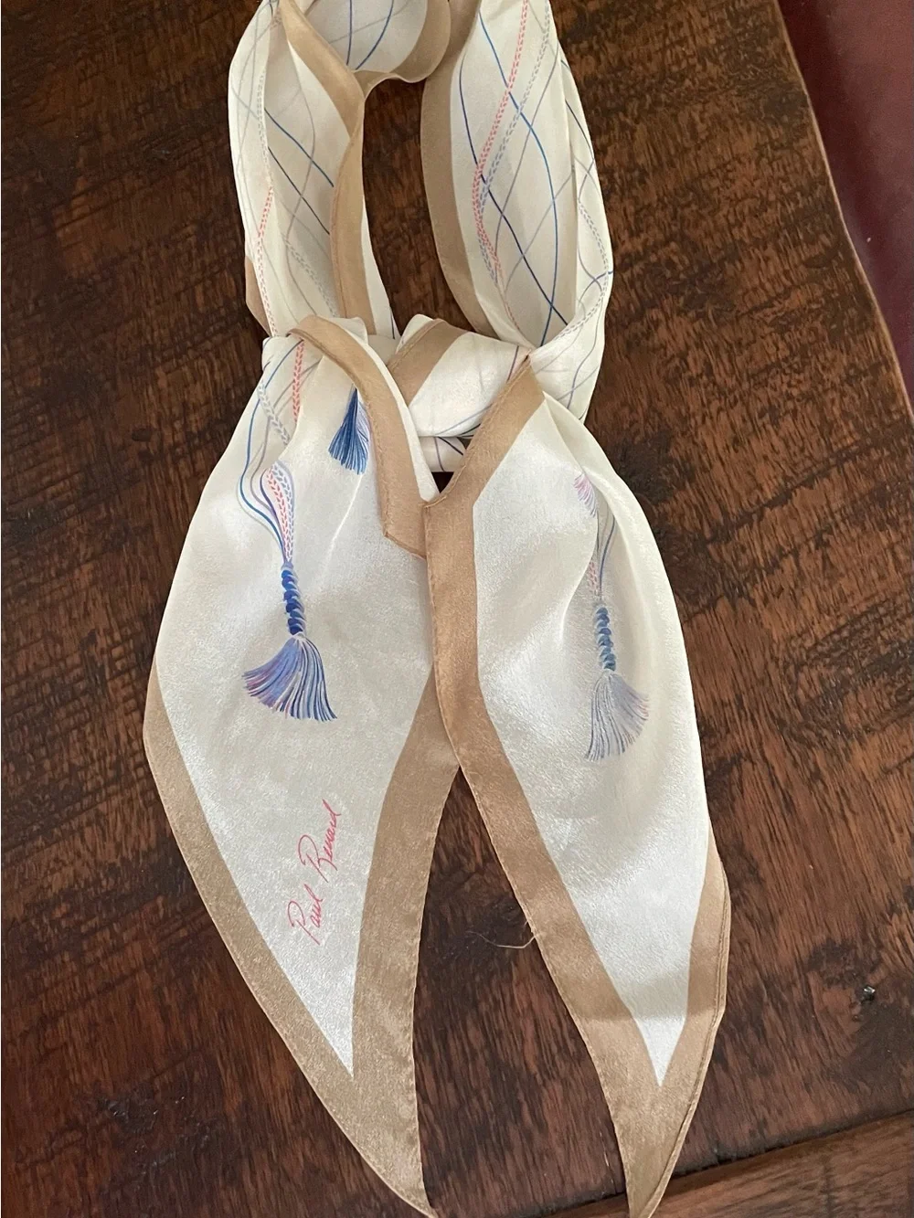 Paul Renard Vintage Silk Scarf Cream Beige Blue Tassel Print Pointed Edge